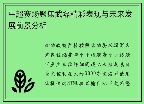 中超赛场聚焦武磊精彩表现与未来发展前景分析
